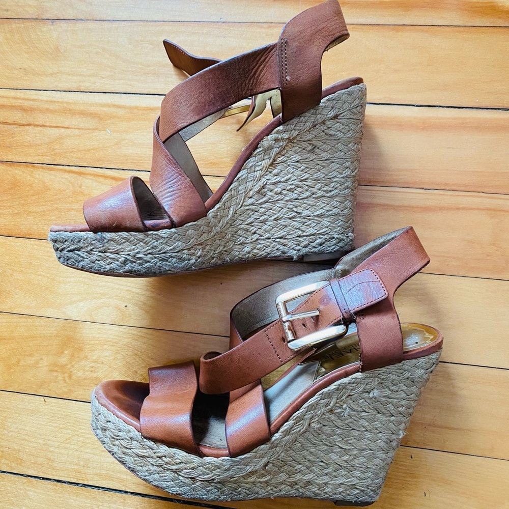 Michael Kors Tan Leather Wedge Sandals